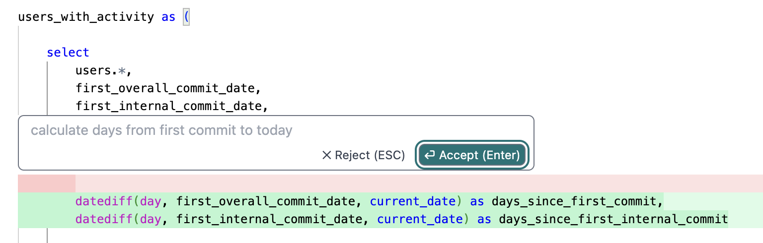 dbt Copilot's prompt window accessible by keyboard shortcut Cmd+B (Mac) or Ctrl+B (Windows)